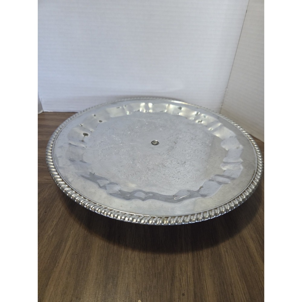 Silver Metal Pedestal Serving Tray, Ornate, Round 15 in, lazy susan, display